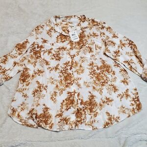 NWT Charter Club White Brown Floral Cottagecore Grandma Linen Button Blouse XL